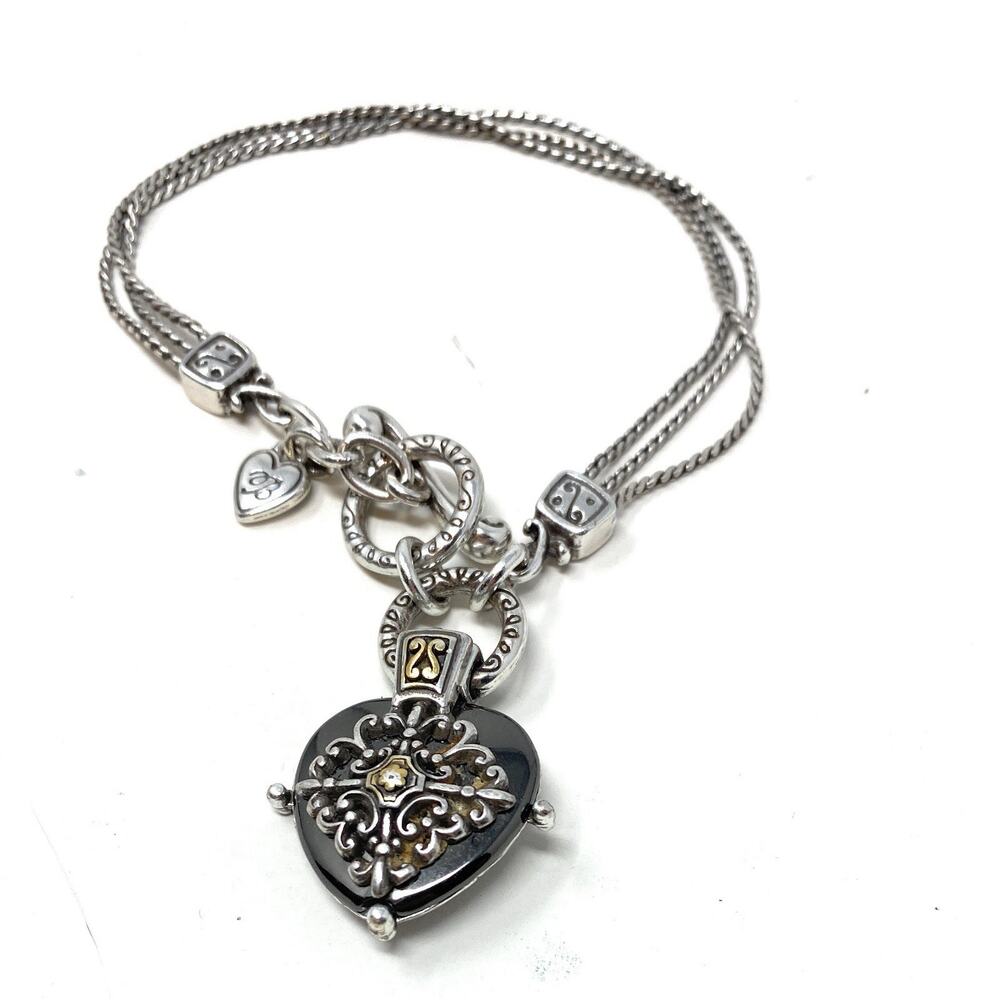 Brighton Silver Gold Tone 3 Strand Scroll On Black Stone Heart Charm Bracelet
